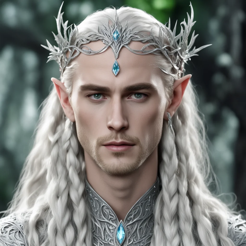aiking thranduil with blond hair and braids wearing silver leafy vines intertwined and encrusted with diamonds to form a silver elvish circlet with large center diamond amazing awesome portrait 2