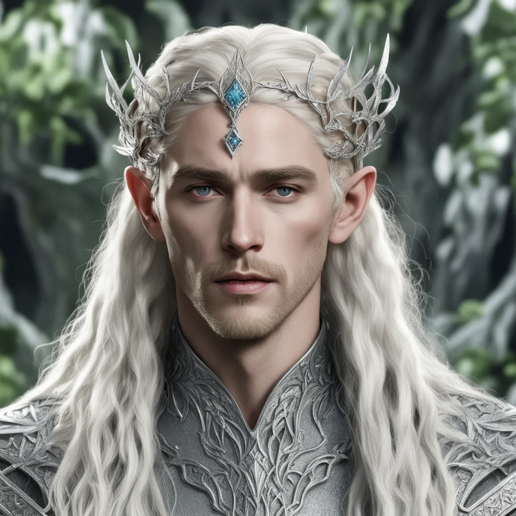king thranduil with blond hair and braids wearing silver leafy vines intertwined and encrusted with diamonds to form a silver elvish circlet with large center diamond good looking trending fantastic