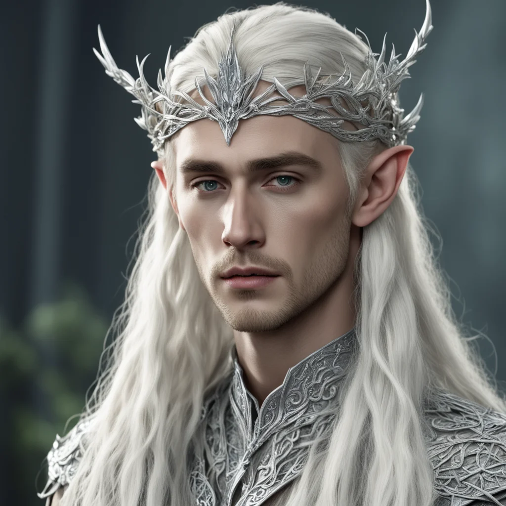 king thranduil with blond hair and braids wearing silver leafy vines intertwined and encrusted with diamonds to form a silver elvish circlet with large center diamond