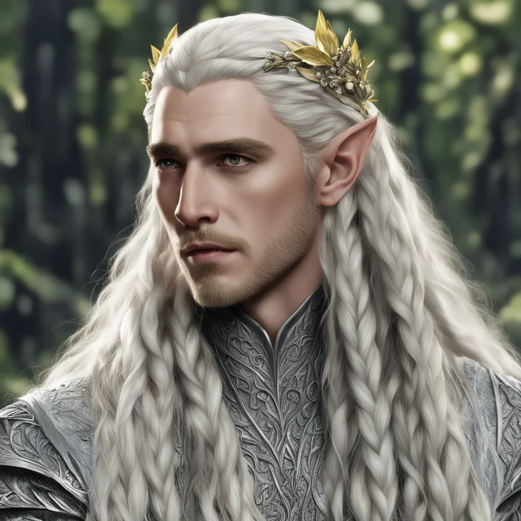 aiking thranduil with blond hair and braids wearing silver leaves and diamond berries in the hair amazing awesome portrait 2