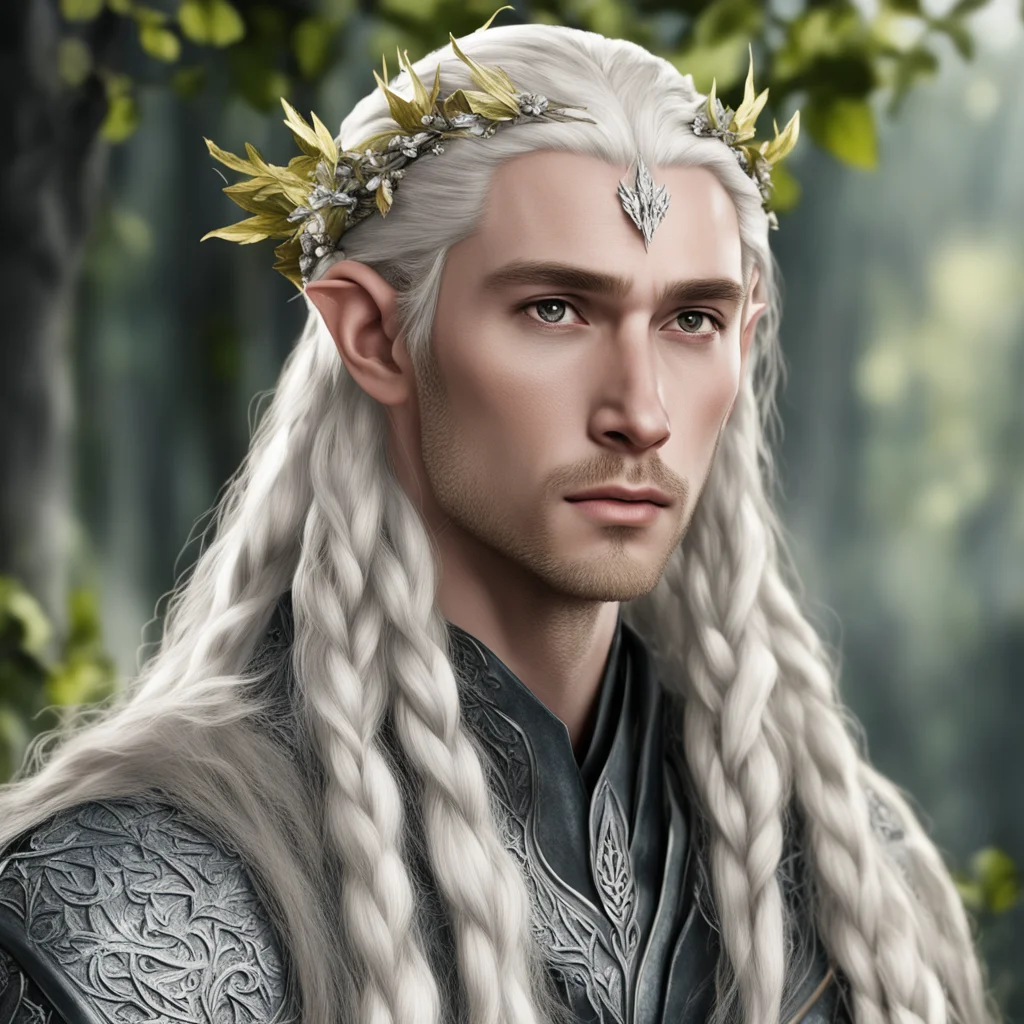 aiking thranduil with blond hair and braids wearing silver leaves and diamond berries in the hair confident engaging wow artstation art 3