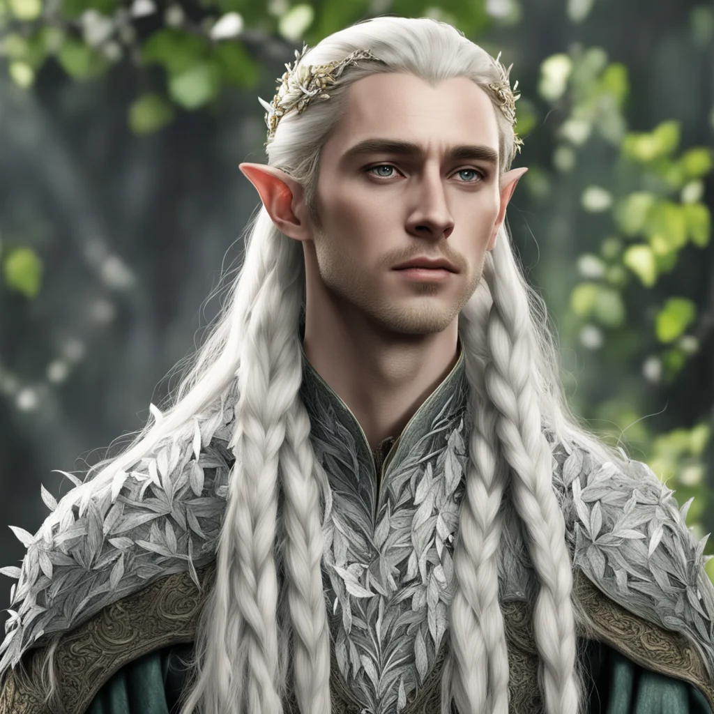 aiking thranduil with blond hair and braids wearing silver leaves and diamond berries in the hair