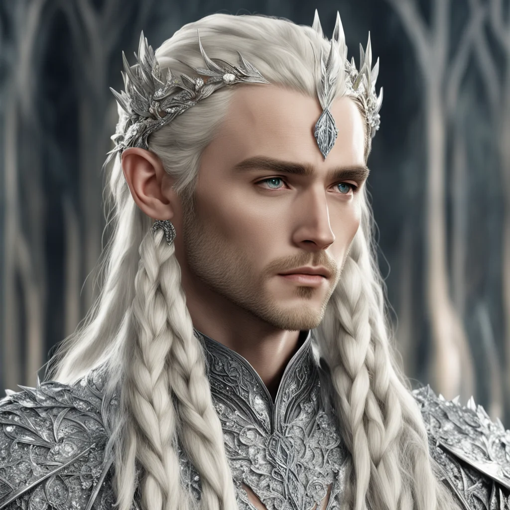 aiking thranduil with blond hair and braids wearing silver leaves encrusted with diamonds with large diamond clusters with large center diamond amazing awesome portrait 2