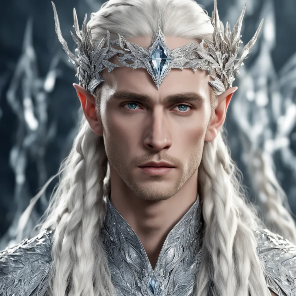 aiking thranduil with blond hair and braids wearing silver leaves encrusted with diamonds with large diamond clusters with large center diamond good looking trending fantastic 1