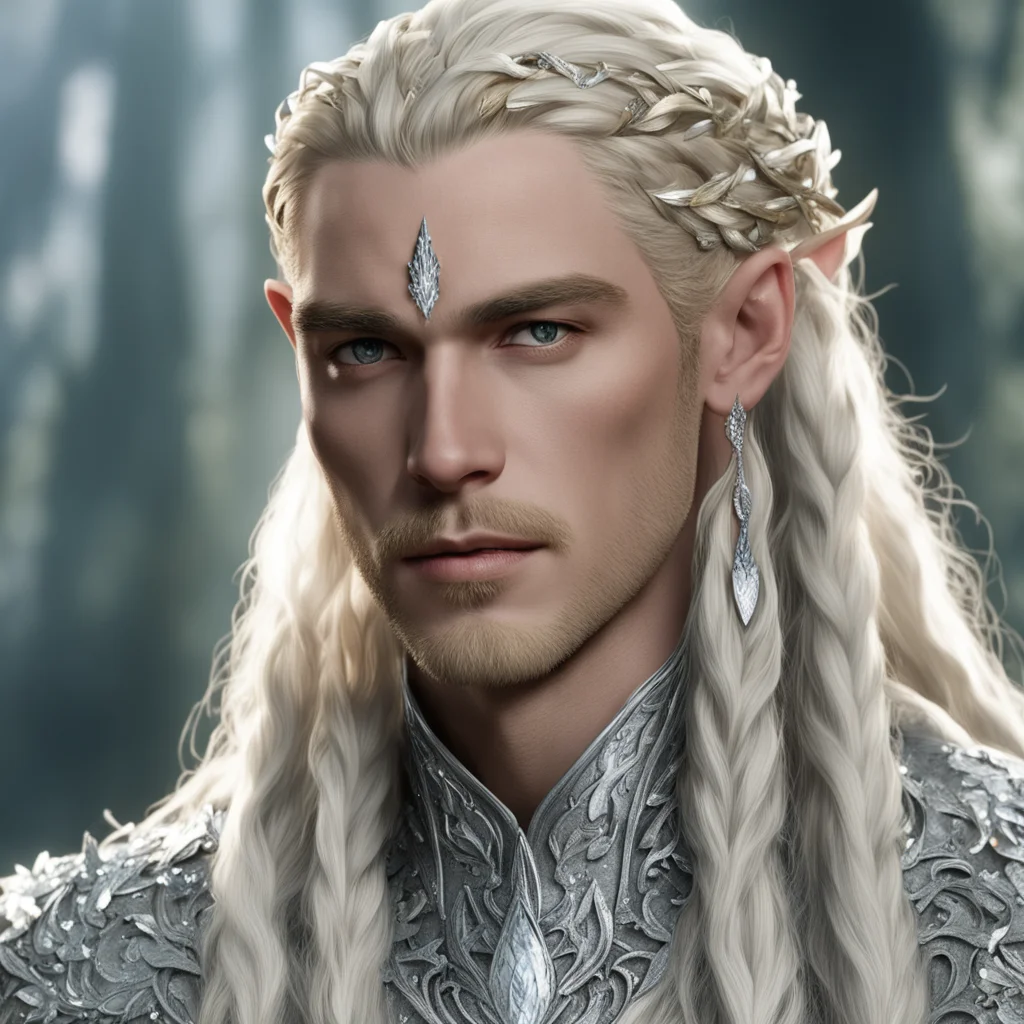 aiking thranduil with blond hair and braids wearing silver leaves encrusted with diamonds with large diamond clusters with large center diamond