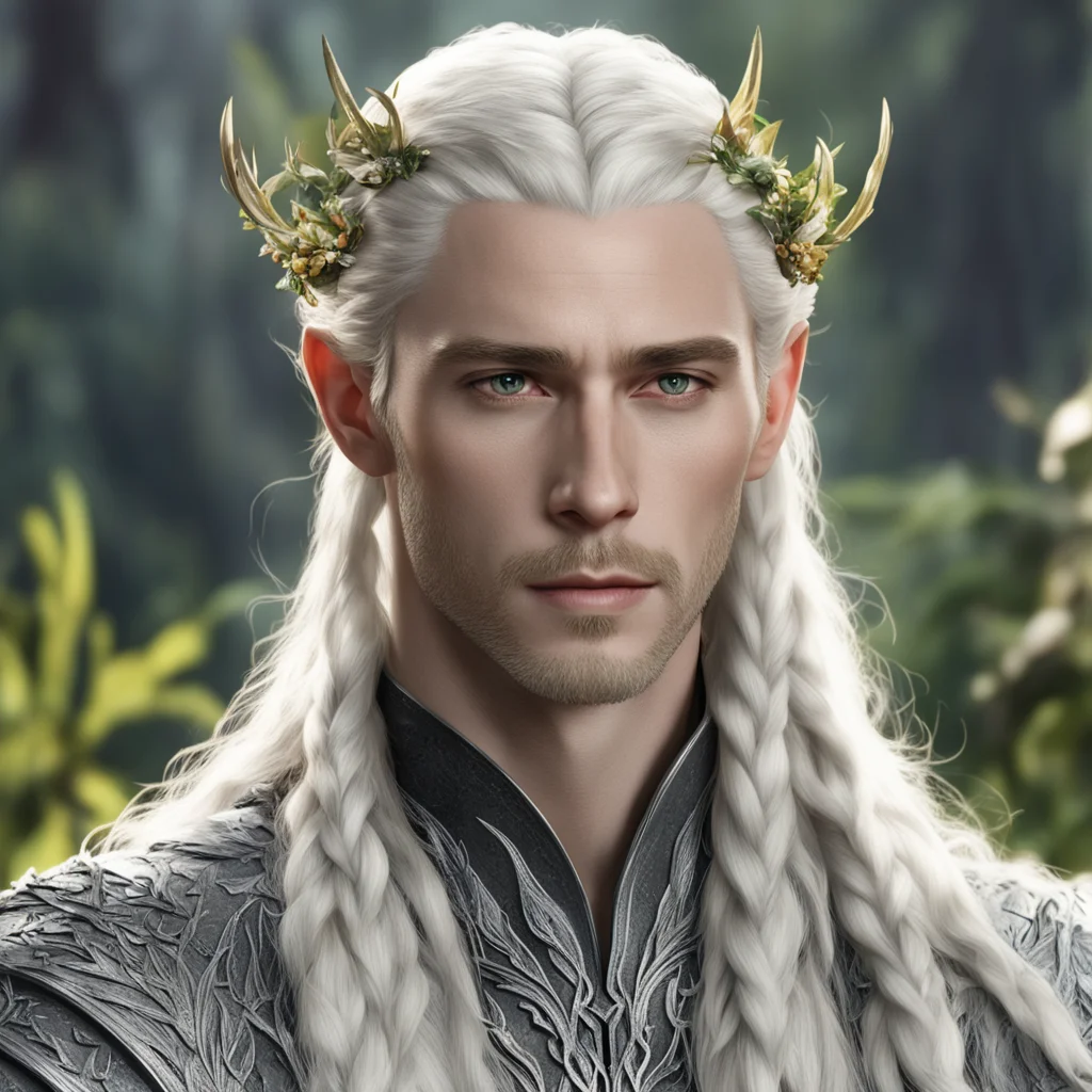 aiking thranduil with blond hair and braids wearing silver leaves with diamond berries in hair amazing awesome portrait 2