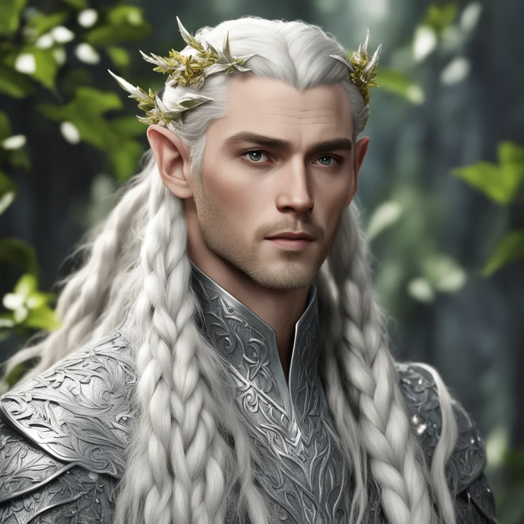 aiking thranduil with blond hair and braids wearing silver leaves with diamond berries in hair confident engaging wow artstation art 3