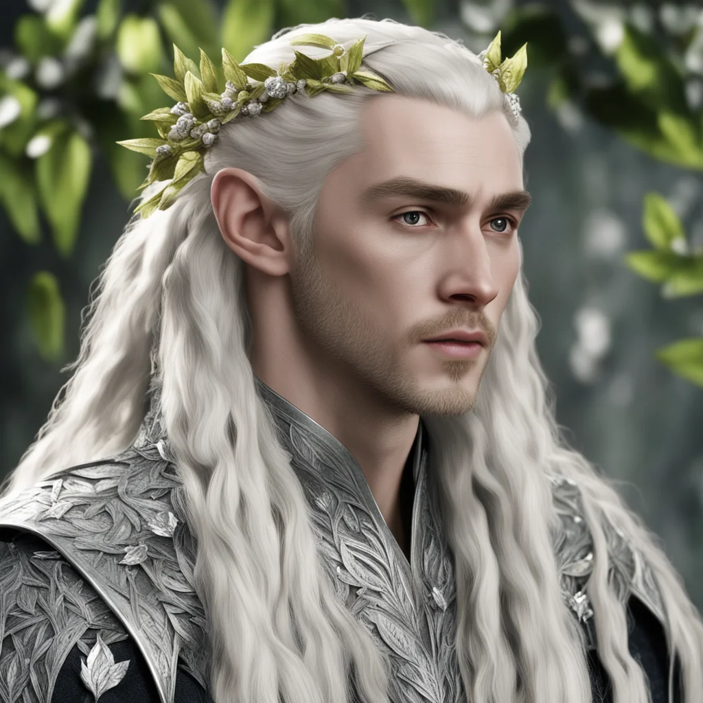 aiking thranduil with blond hair and braids wearing silver leaves with diamond berries in hair good looking trending fantastic 1