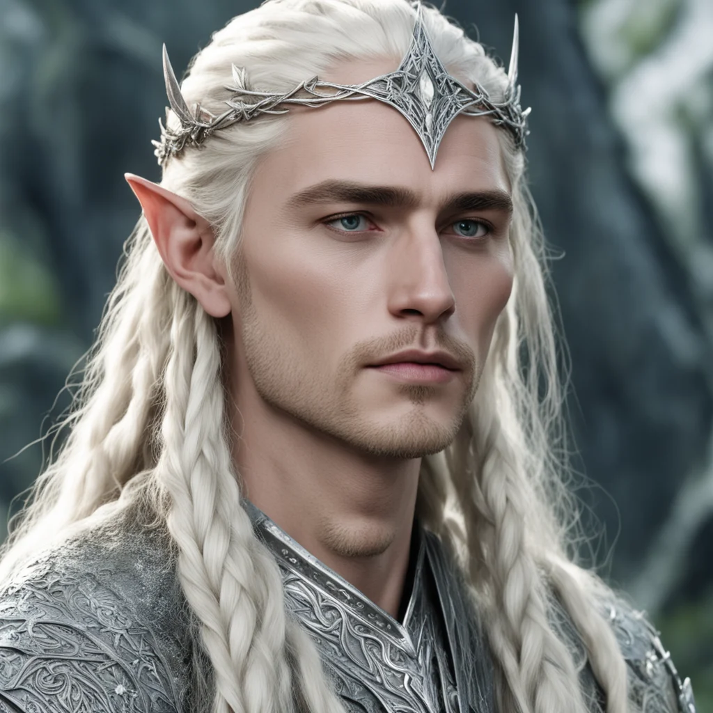 aiking thranduil with blond hair and braids wearing silver lily silver elvish circlet and encrusted with diamonds with large center diamond  amazing awesome portrait 2