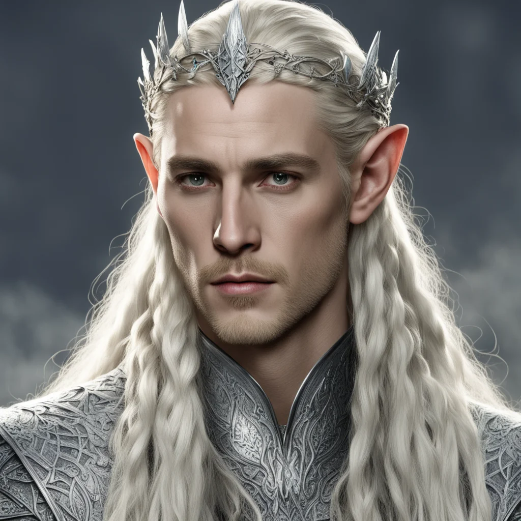 aiking thranduil with blond hair and braids wearing silver lily silver elvish circlet and encrusted with diamonds with large center diamond  good looking trending fantastic 1