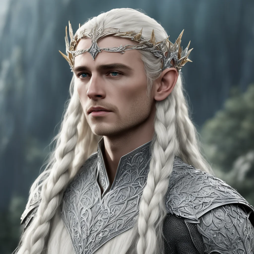 aiking thranduil with blond hair and braids wearing silver lily silver elvish circlet and encrusted with diamonds with large center diamond 