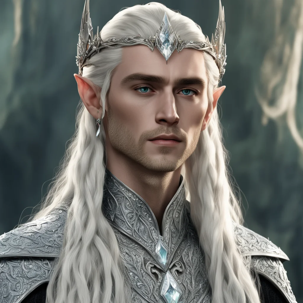 aiking thranduil with blond hair and braids wearing silver mallorn circlet encrusted with diamonds and large diamond clusters amazing awesome portrait 2