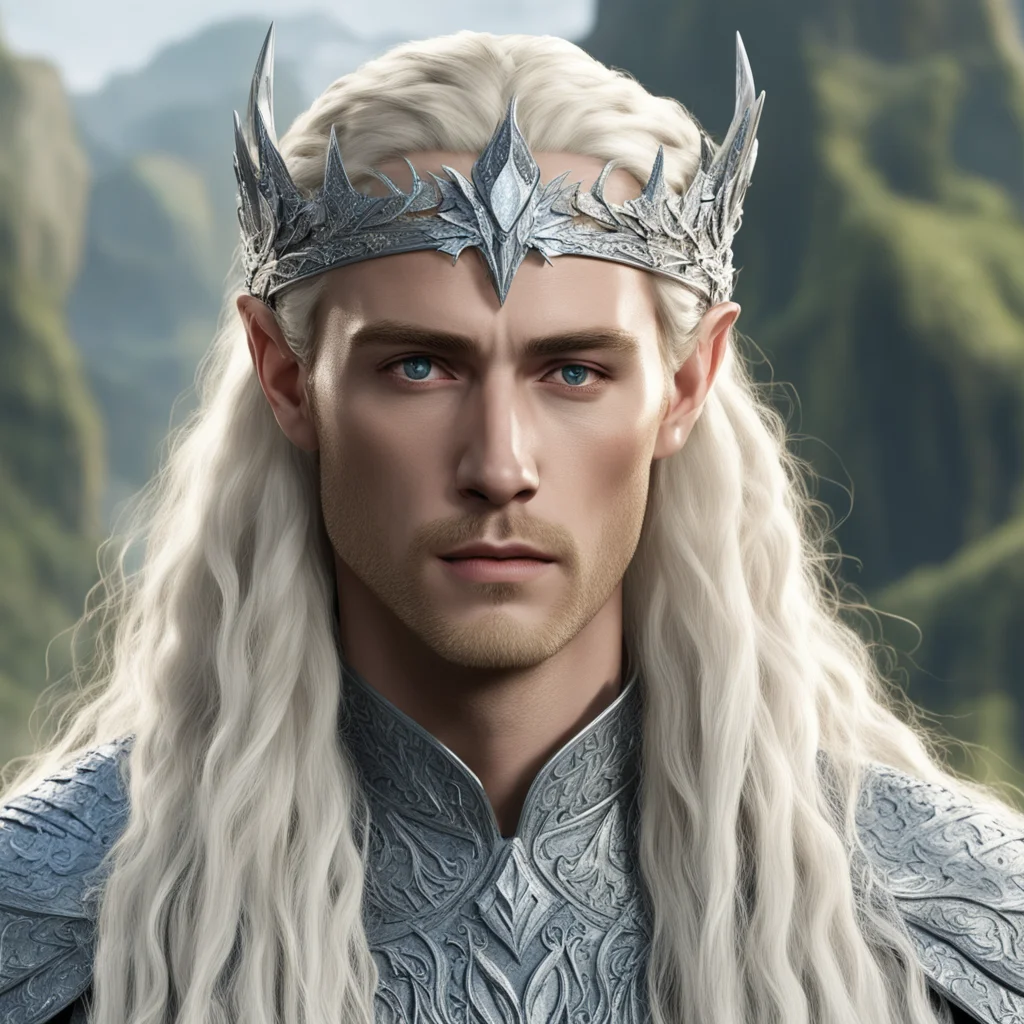 aiking thranduil with blond hair and braids wearing silver mallorn circlet encrusted with diamonds and large diamond clusters good looking trending fantastic 1