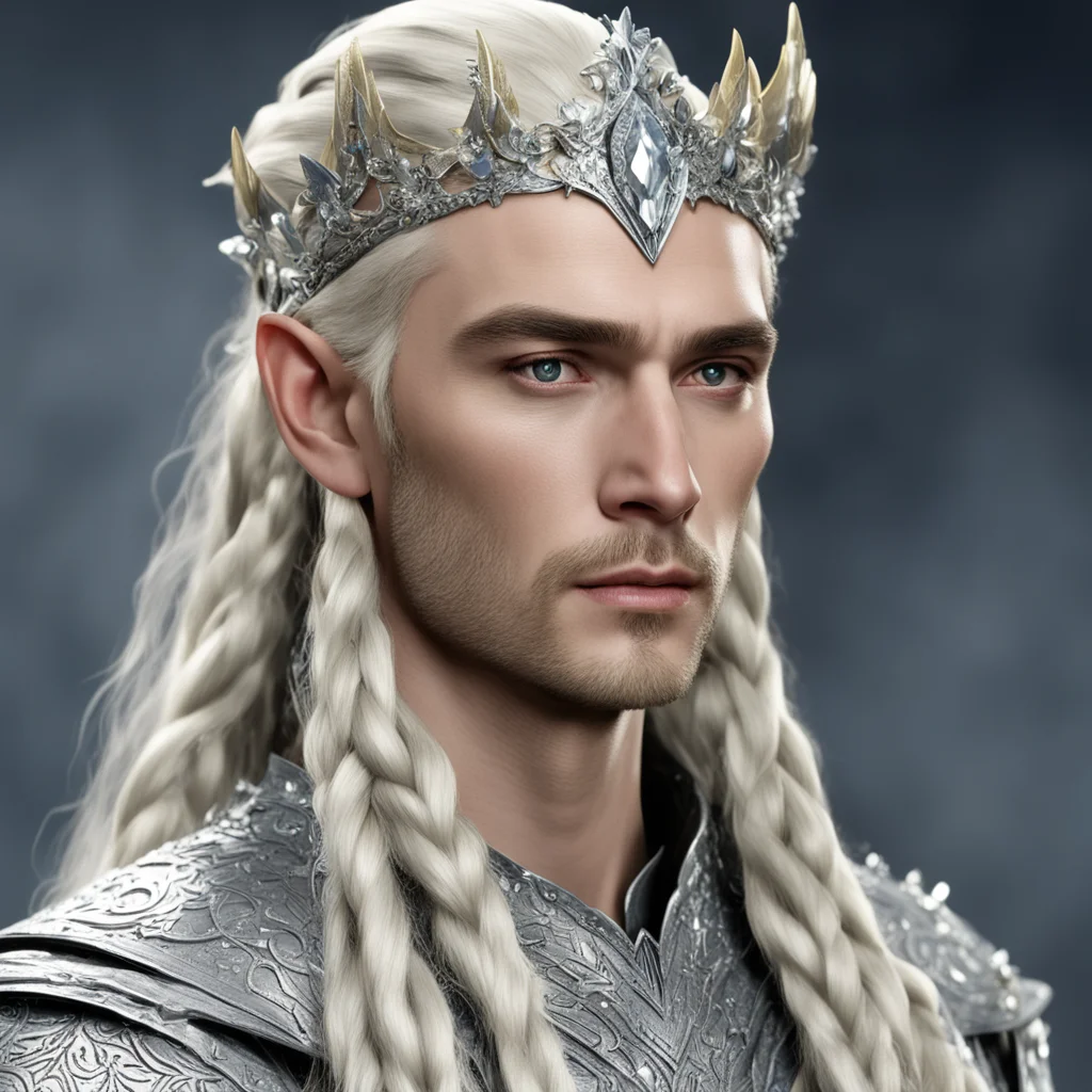 aiking thranduil with blond hair and braids wearing silver mallorn circlet encrusted with diamonds and large diamond clusters