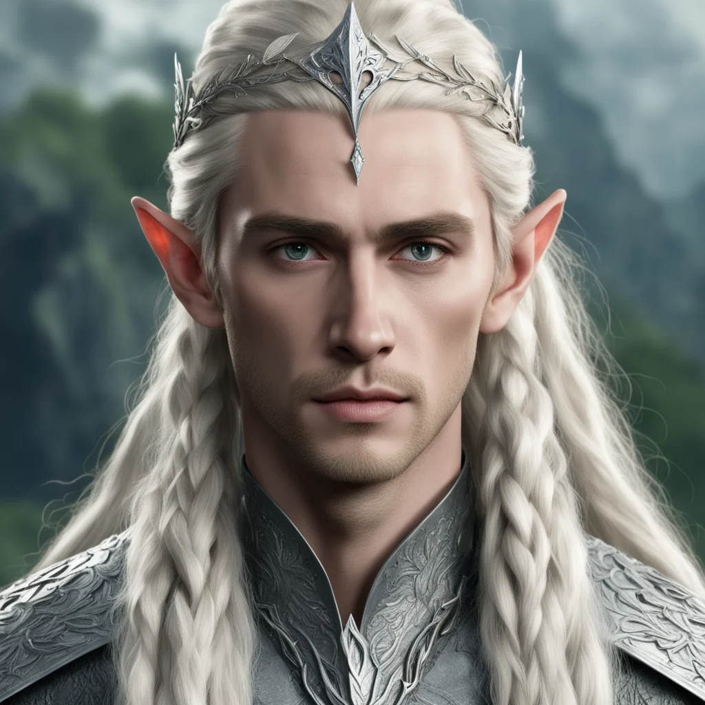 aiking thranduil with blond hair and braids wearing silver mallorn leaf and large diamond elvish circlet with center diamond good looking trending fantastic 1