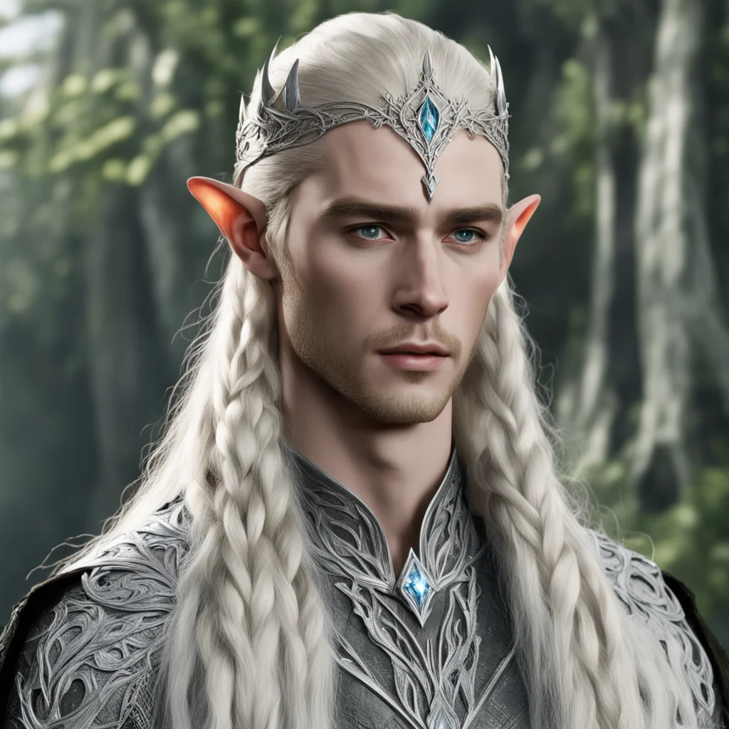 king thranduil with blond hair and braids wearing silver mallorn leaf and large diamond elvish circlet with center diamond