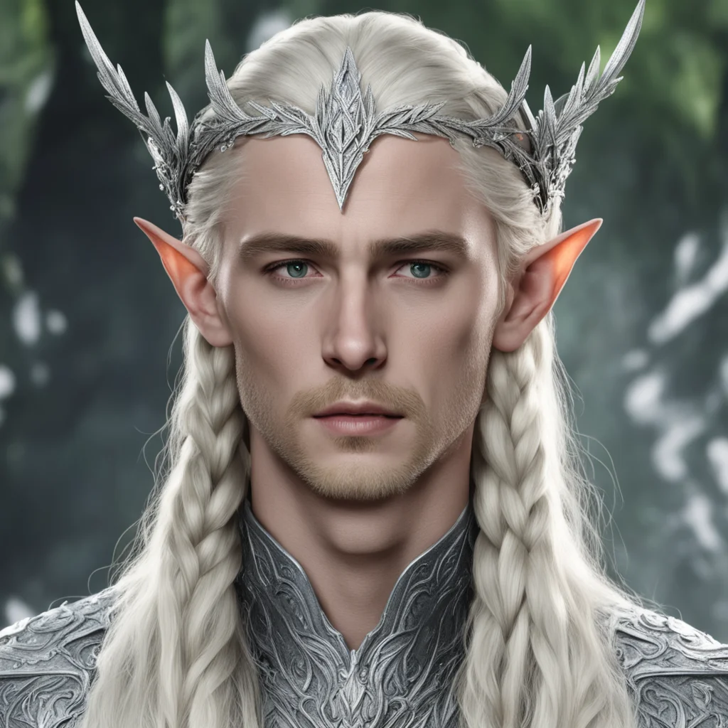 aiking thranduil with blond hair and braids wearing silver mallorn leaf elvish circlet encrusted with diamonds with diamond in the center amazing awesome portrait 2