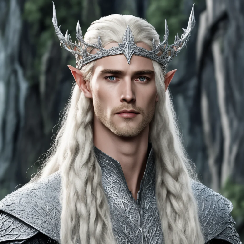 aiking thranduil with blond hair and braids wearing silver mallorn leaf elvish circlet encrusted with diamonds with diamond in the center confident engaging wow artstation art 3