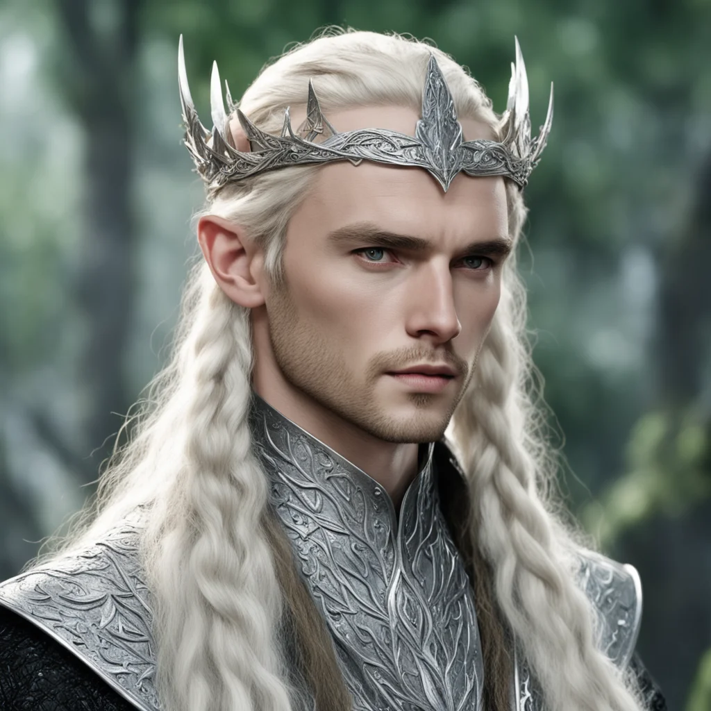 aiking thranduil with blond hair and braids wearing silver mallorn leaf elvish circlet encrusted with diamonds with diamond in the center good looking trending fantastic 1