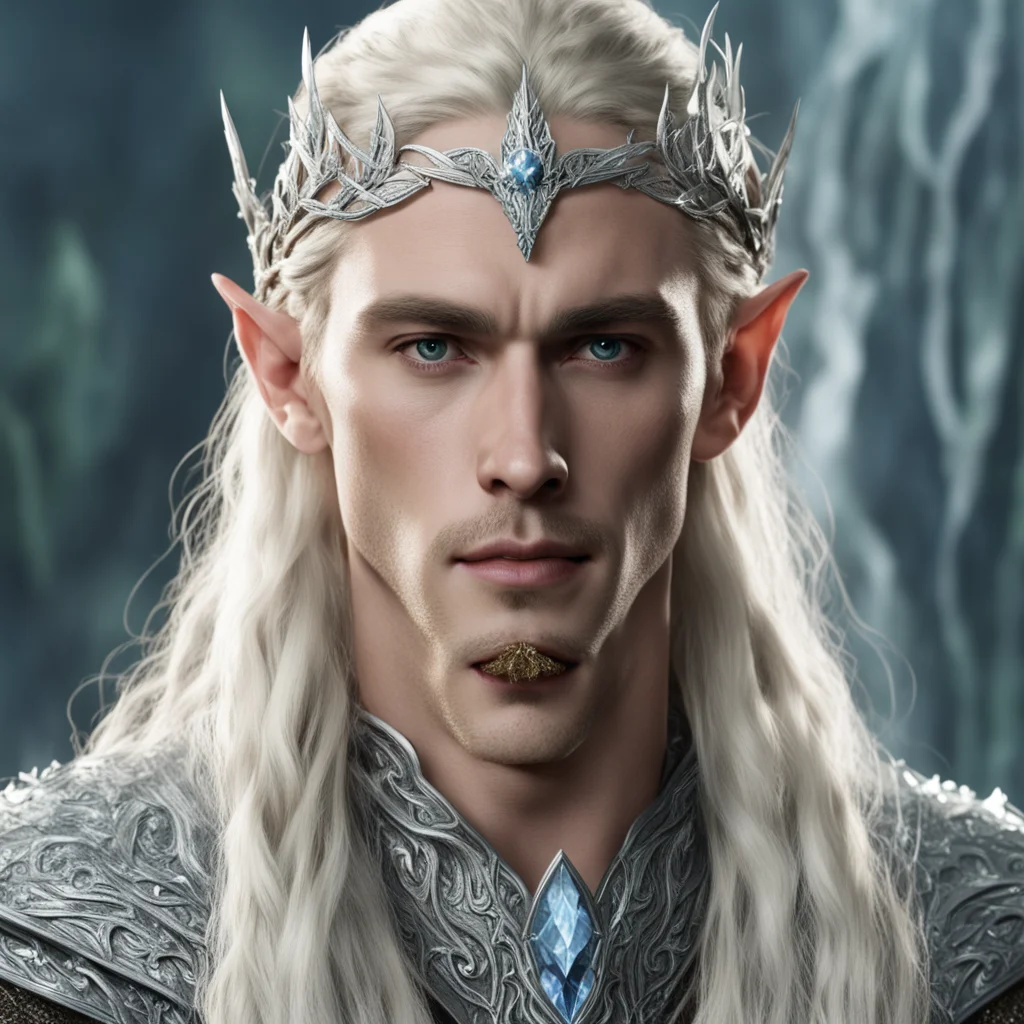 aiking thranduil with blond hair and braids wearing silver mallorn leaf elvish circlet encrusted with diamonds with diamond in the center