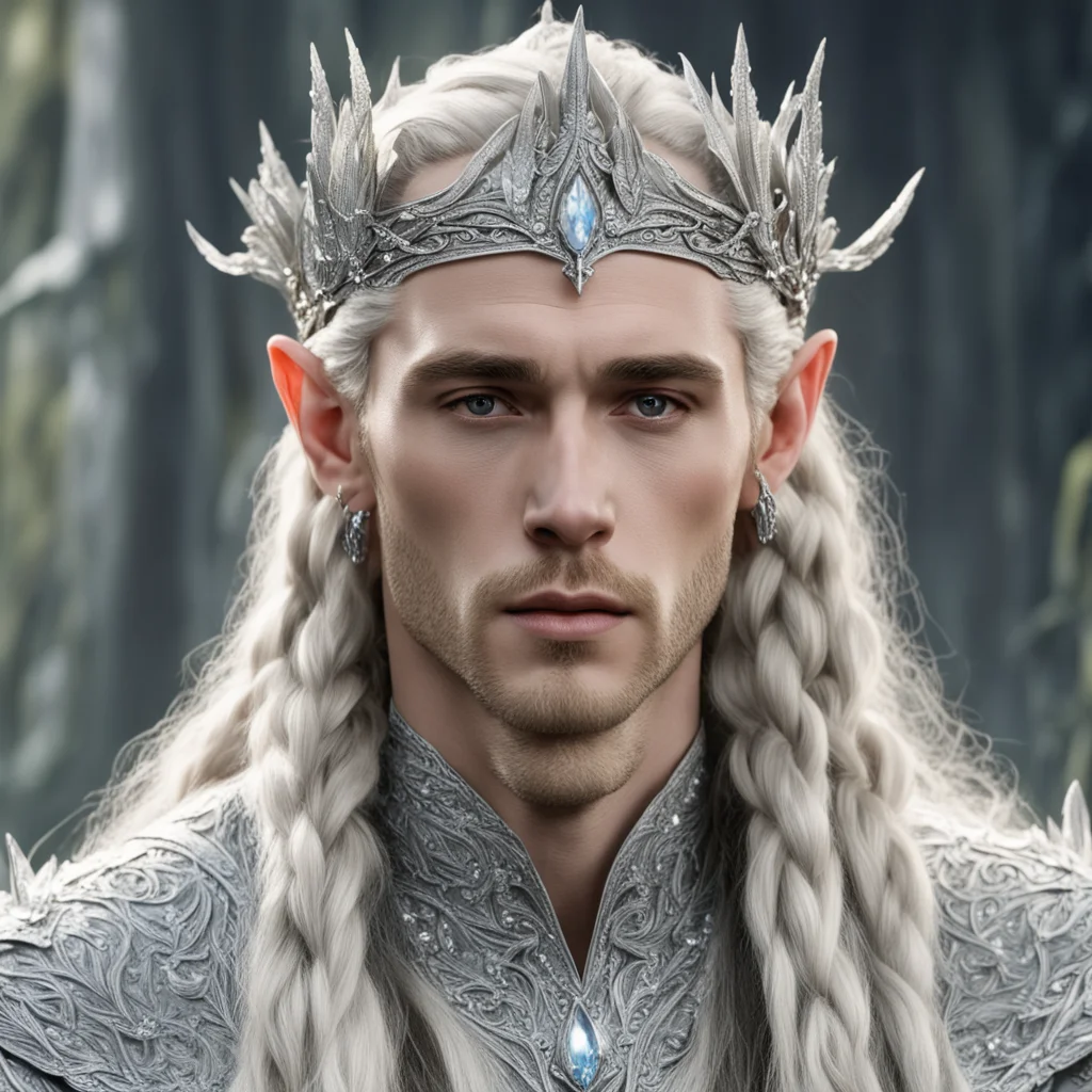 aiking thranduil with blond hair and braids wearing silver mallorn leaf elvish circlet heavily encrusted with diamonds with large silver mallorn leaf at center cover with large diamonds