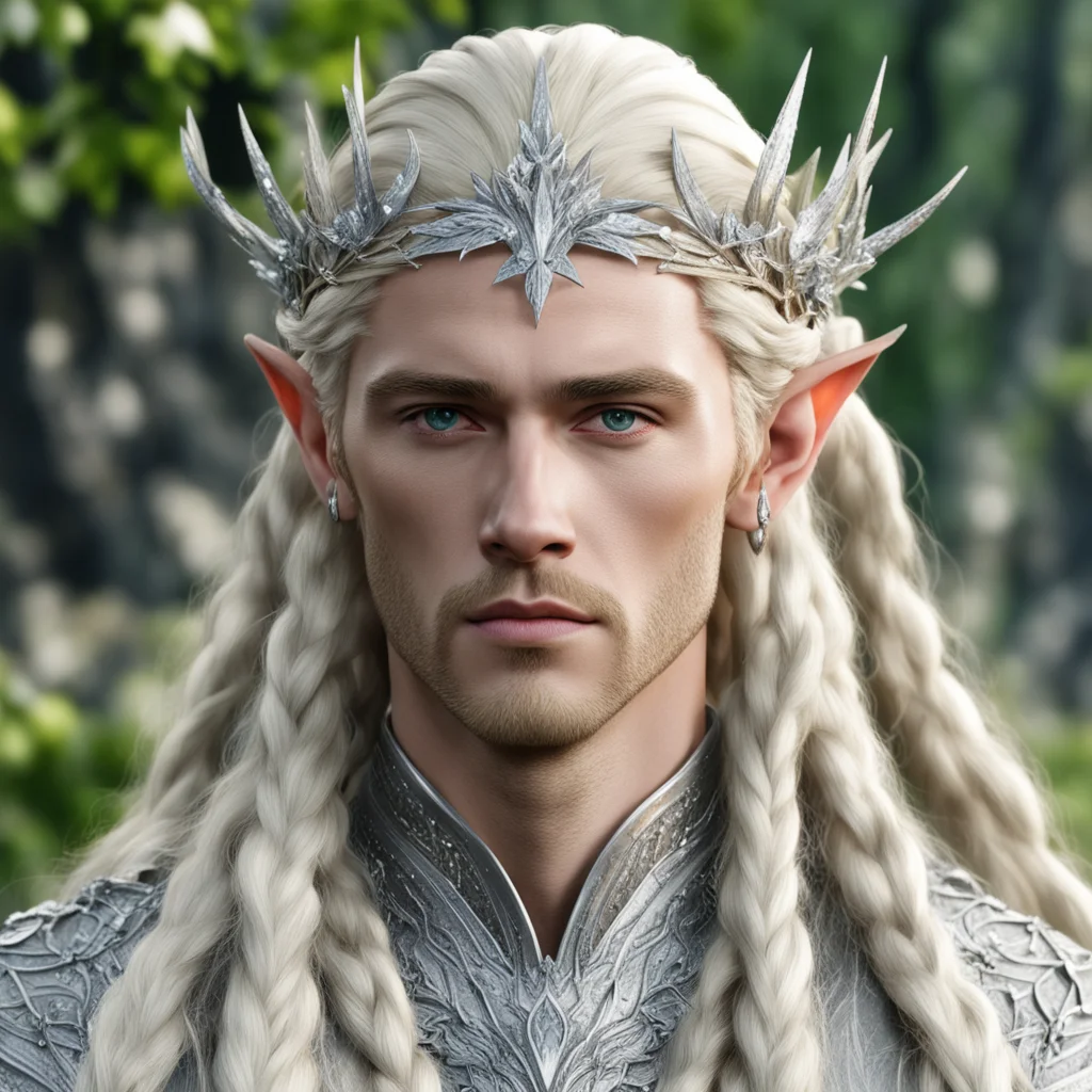 king thranduil with blond hair and braids wearing silver maple circlet encrusted with diamonds and large diamond clusters amazing awesome portrait 2