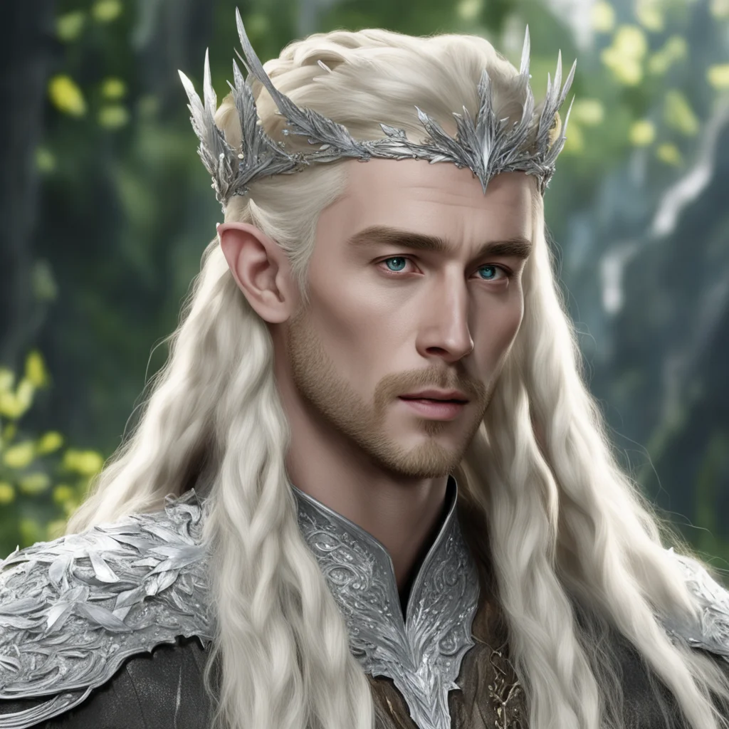 king thranduil with blond hair and braids wearing silver maple circlet encrusted with diamonds and large diamond clusters confident engaging wow artstation art 3