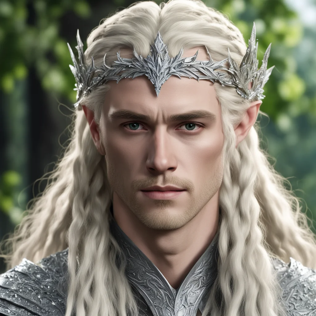 aiking thranduil with blond hair and braids wearing silver maple circlet encrusted with diamonds and large diamond clusters good looking trending fantastic 1