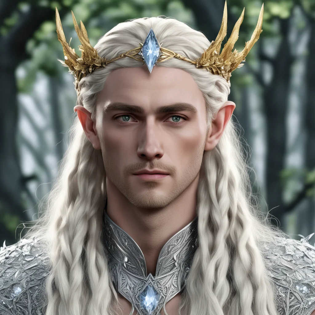 aiking thranduil with blond hair and braids wearing silver maple circlet encrusted with diamonds and large diamond clusters with large center diamond amazing awesome portrait 2