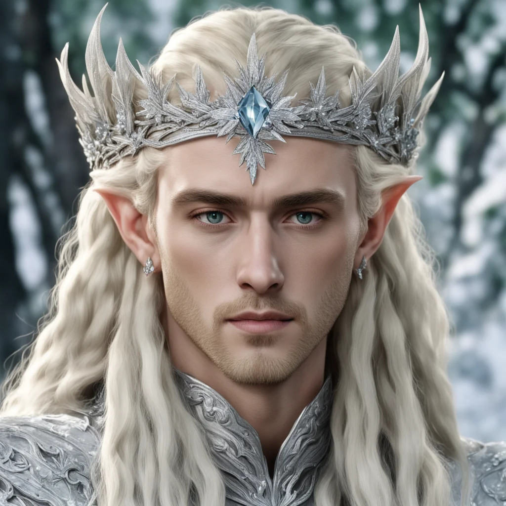 king thranduil with blond hair and braids wearing silver maple circlet encrusted with diamonds and large diamond clusters with large center diamond confident engaging wow artstation art 3