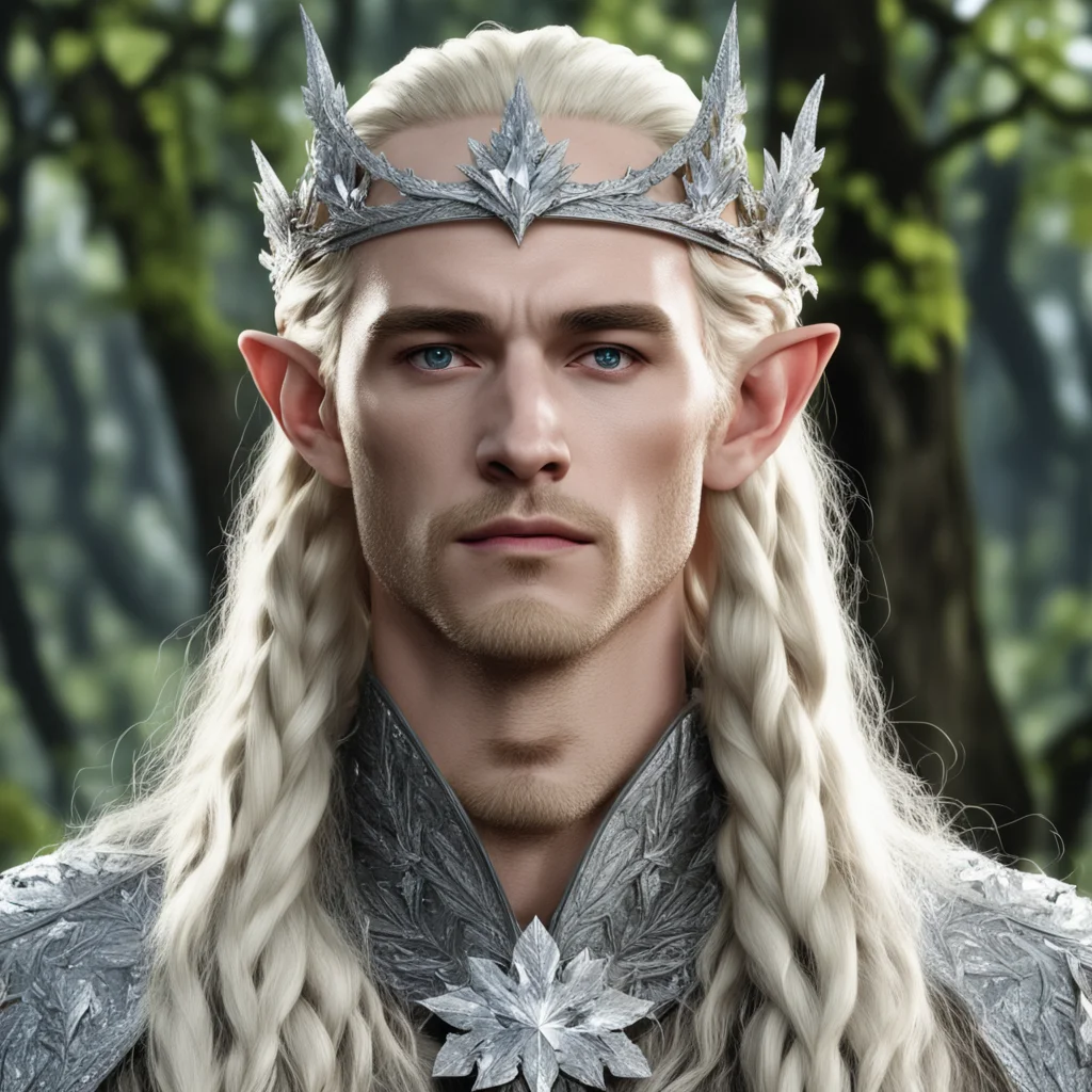 aiking thranduil with blond hair and braids wearing silver maple circlet encrusted with diamonds and large diamond clusters with large center diamond good looking trending fantastic 1