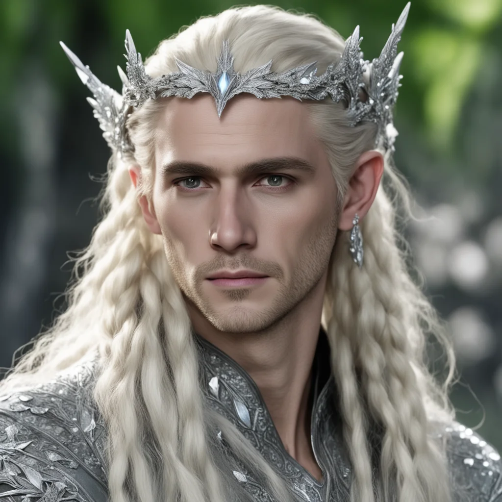 king thranduil with blond hair and braids wearing silver maple circlet encrusted with diamonds and large diamond clusters with large center diamond