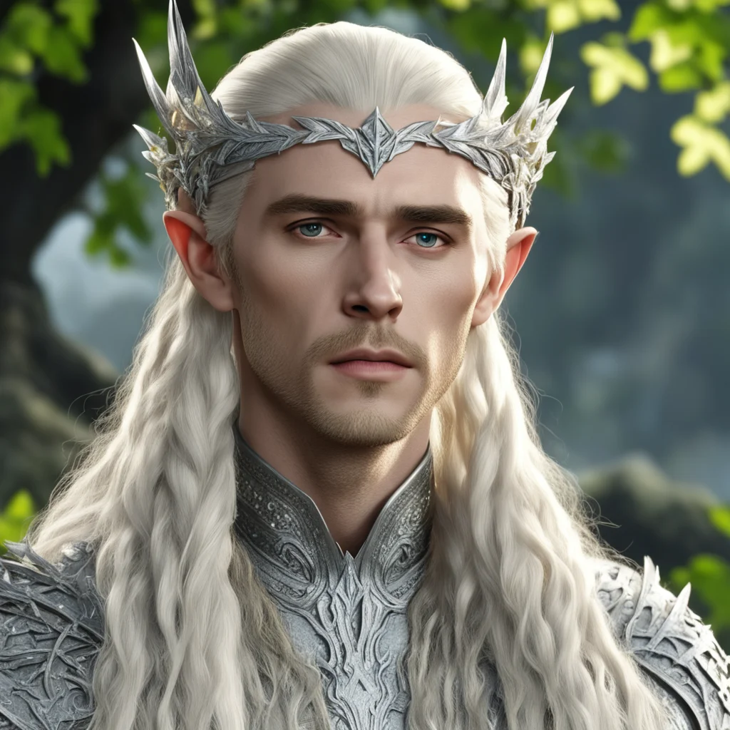 king thranduil with blond hair and braids wearing silver maple circlet encrusted with diamonds and large diamond clusters