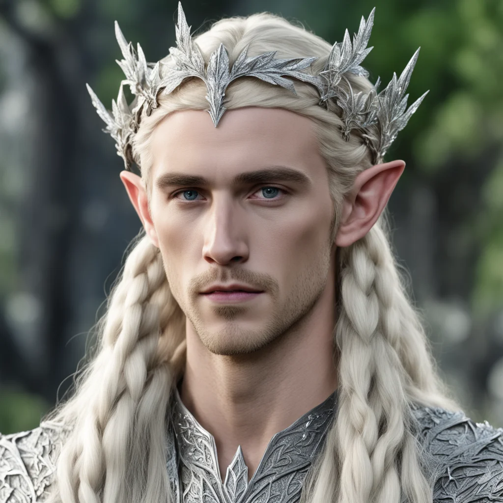 aiking thranduil with blond hair and braids wearing silver maple leave elvish circlet encrusted with diamonds with large center cluster of diamonds amazing awesome portrait 2