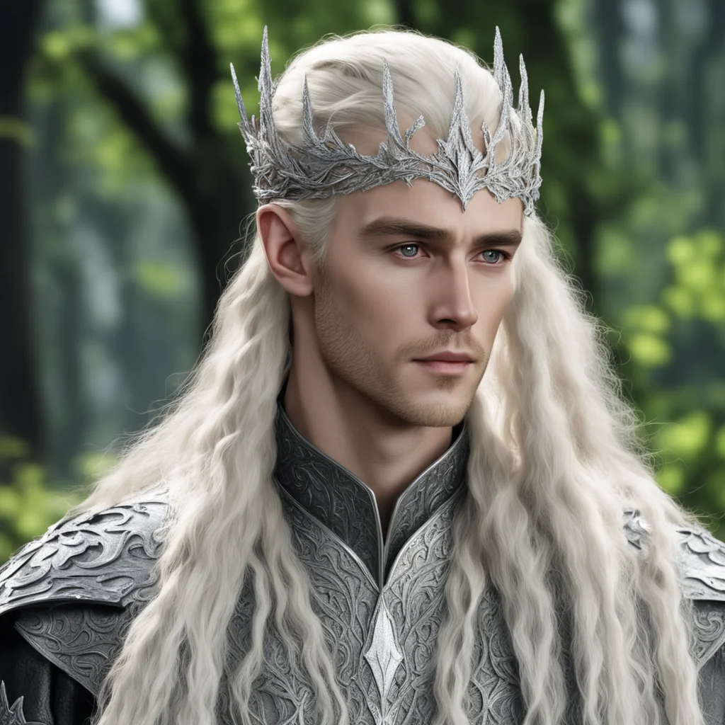 king thranduil with blond hair and braids wearing silver maple leave elvish circlet encrusted with diamonds with large center cluster of diamonds good looking trending fantastic 1