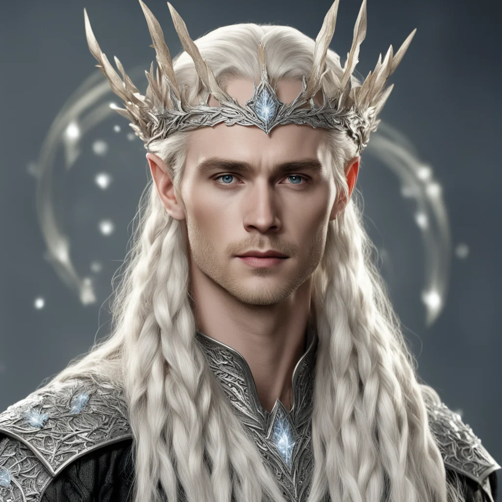 king thranduil with blond hair and braids wearing silver maple leave elvish circlet encrusted with diamonds with large center cluster of diamonds