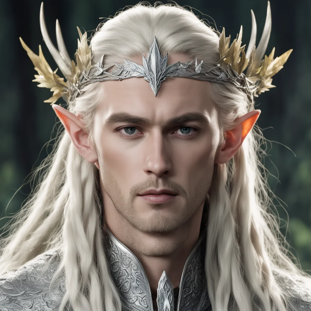 king thranduil with blond hair and braids wearing silver maple leave elvish circlet encrusted with diamonds with large center diamond amazing awesome portrait 2