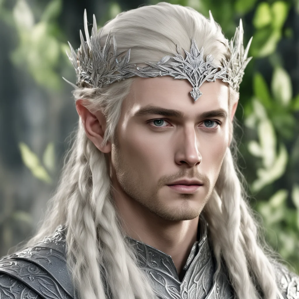 king thranduil with blond hair and braids wearing silver maple leave elvish circlet encrusted with diamonds with large center diamond confident engaging wow artstation art 3