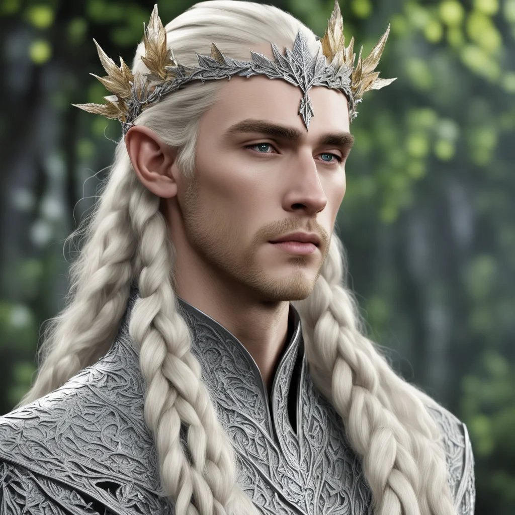 king thranduil with blond hair and braids wearing silver maple leave elvish circlet encrusted with diamonds with large center diamond good looking trending fantastic 1
