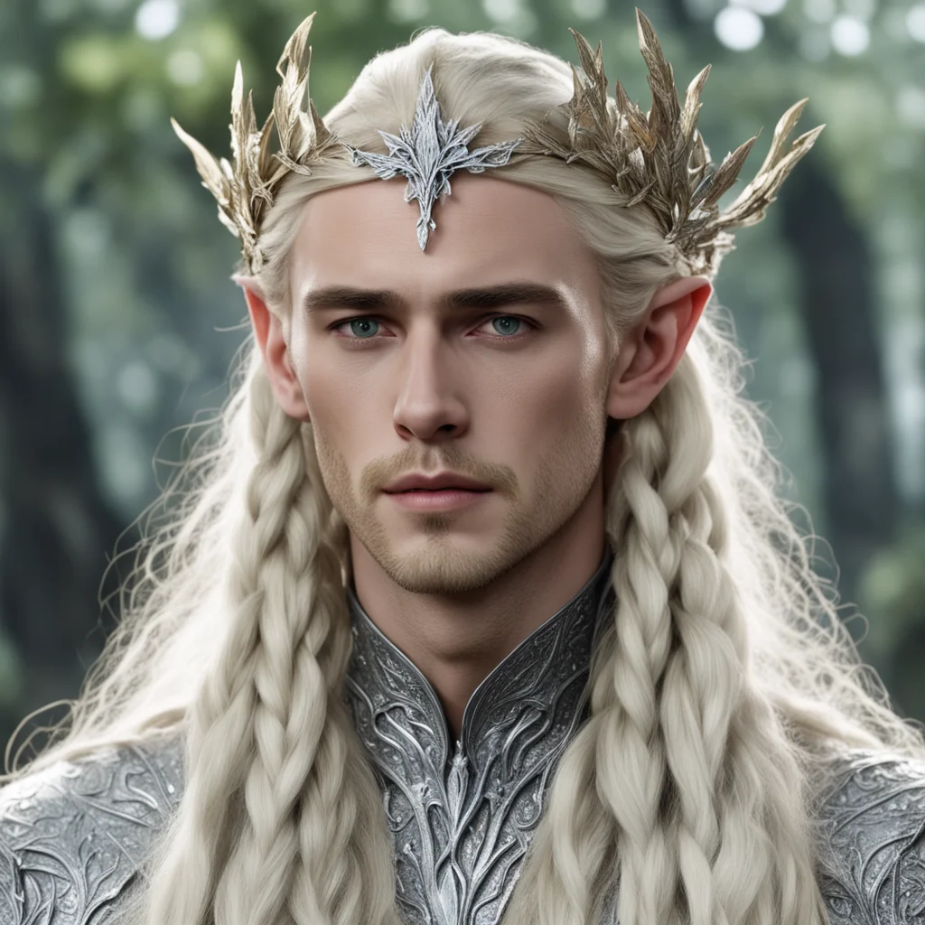 king thranduil with blond hair and braids wearing silver maple leave elvish circlet encrusted with diamonds with large center diamond