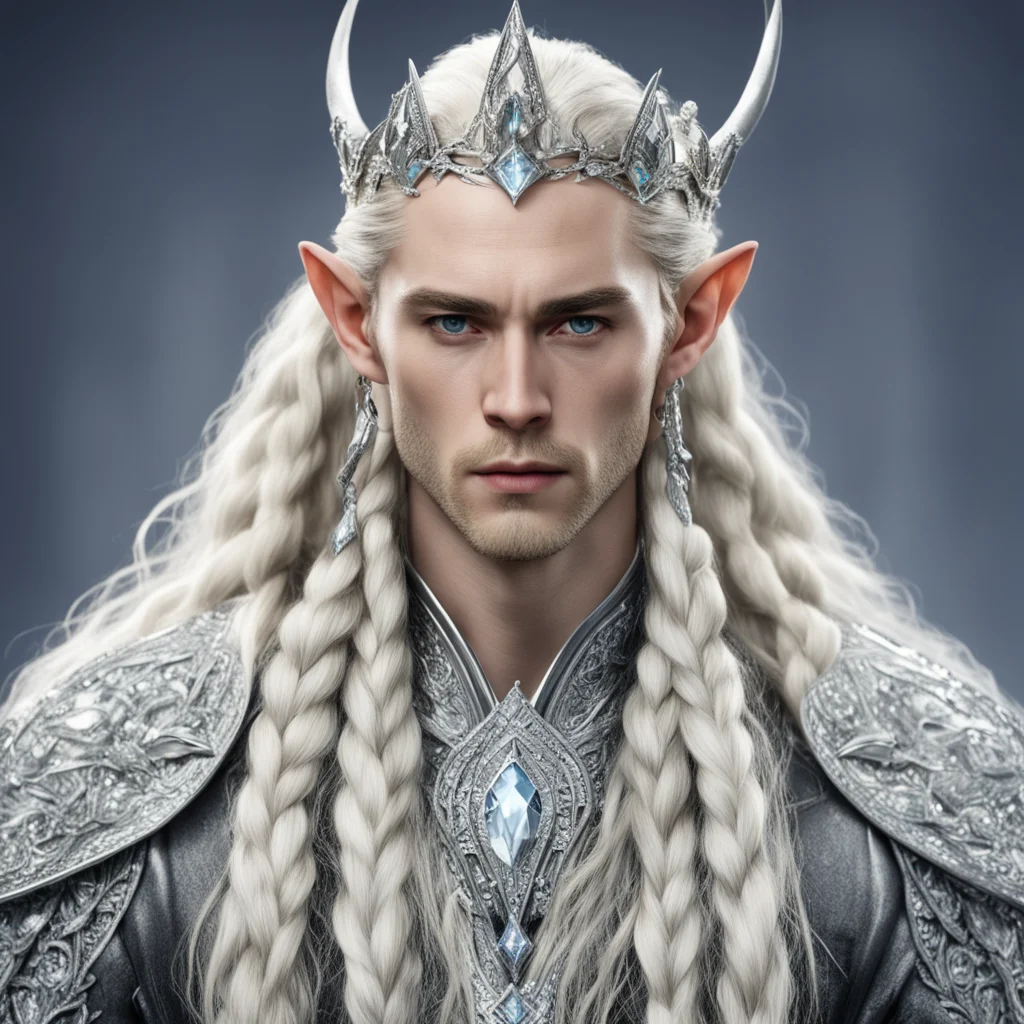 king thranduil with blond hair and braids wearing silver miniature elk figurines on silver elvish circlet encrusted with large diamonds with large center diamond amazing awesome portrait 2