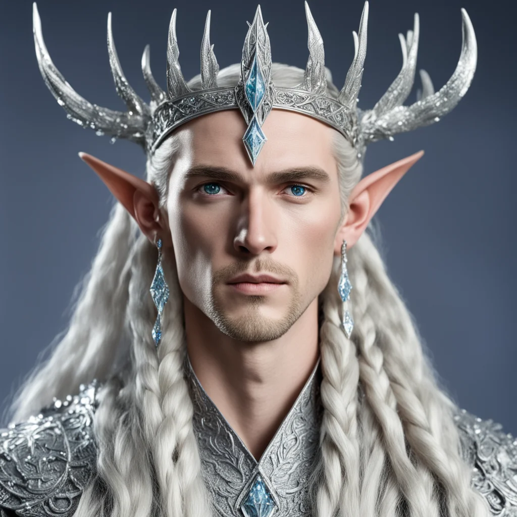 king thranduil with blond hair and braids wearing silver miniature elk figurines on silver elvish circlet encrusted with large diamonds with large center diamond confident engaging wow artstation ar
