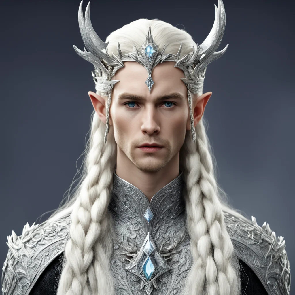 king thranduil with blond hair and braids wearing silver miniature elk figurines on silver elvish circlet encrusted with large diamonds with large center diamond good looking trending fantastic 1.we