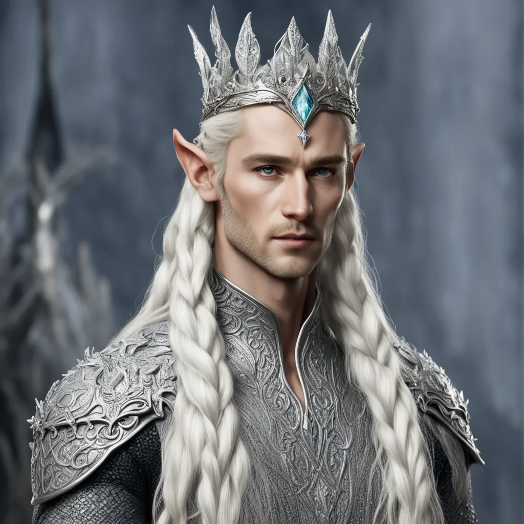 king thranduil with blond hair and braids wearing silver miniature elk figurines on silver elvish circlet encrusted with large diamonds with large center diamond