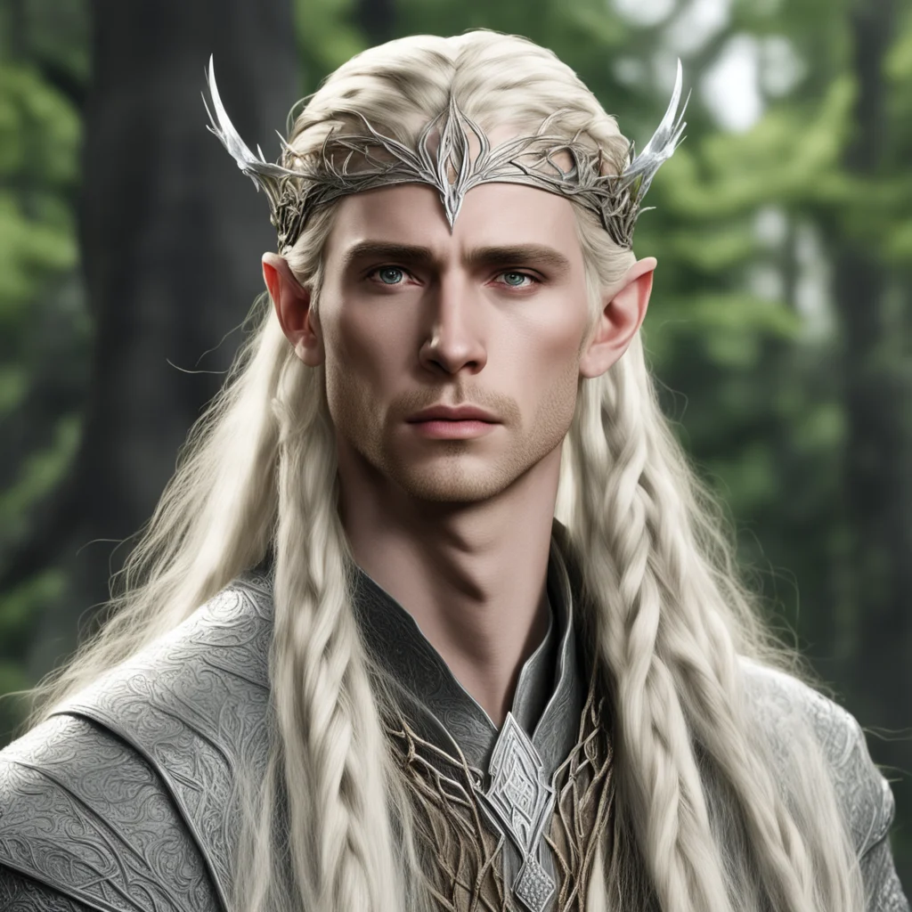 aiking thranduil with blond hair and braids wearing silver mirkwood elvish circlet with large center diamond good looking trending fantastic 1