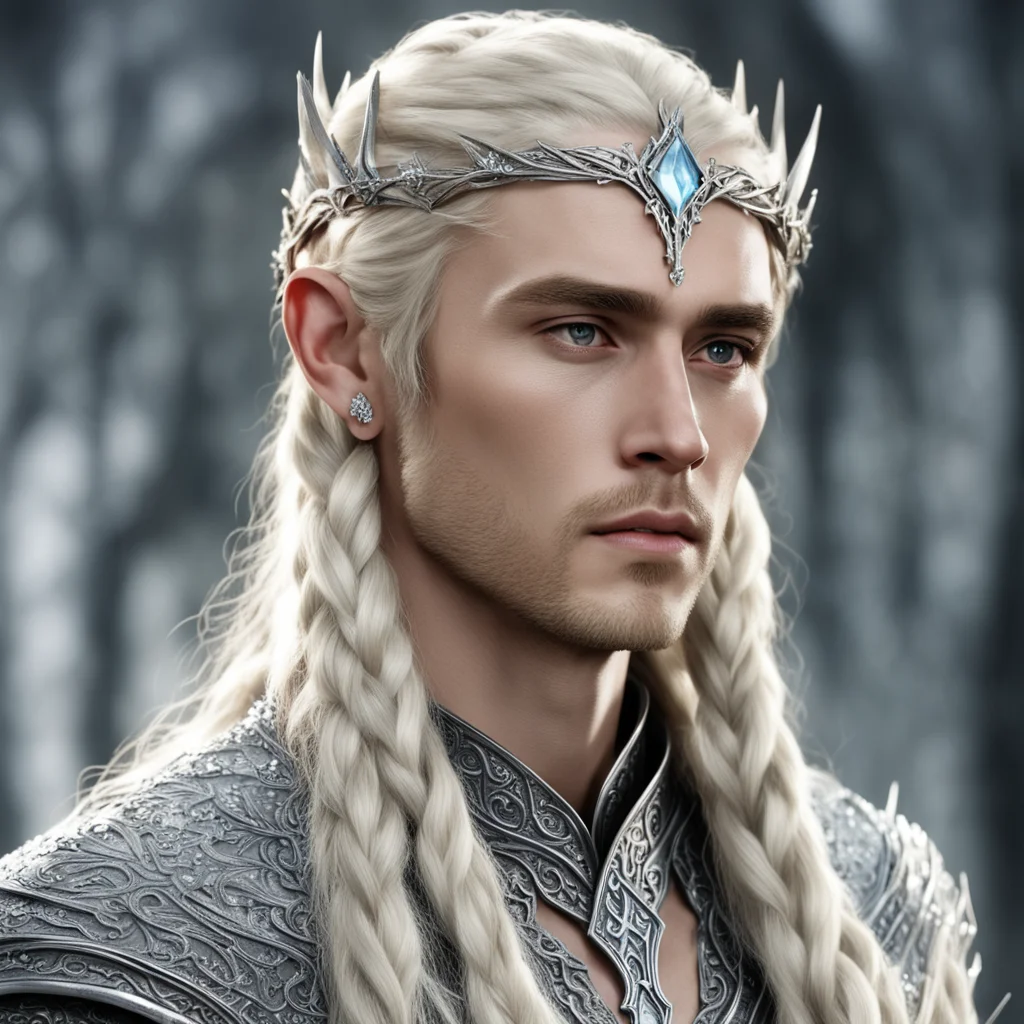 aiking thranduil with blond hair and braids wearing silver nandorin elvish circlet encrusted with diamonds with center diamond  amazing awesome portrait 2