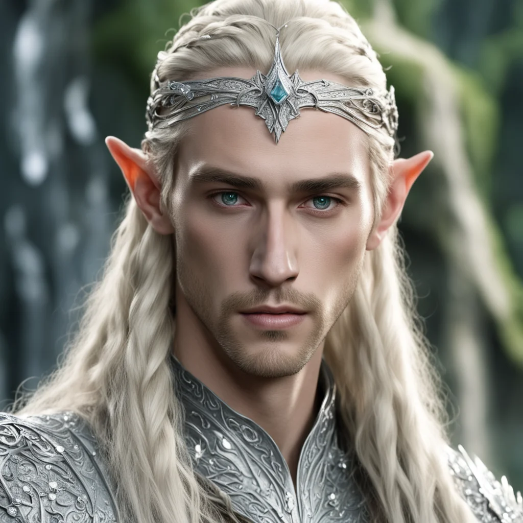 king thranduil with blond hair and braids wearing silver nandorin elvish circlet encrusted with diamonds with center diamond  good looking trending fantastic 1