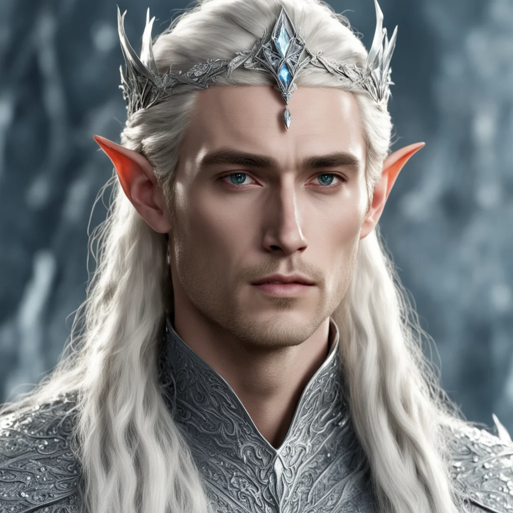 aiking thranduil with blond hair and braids wearing silver nandorin elvish circlet encrusted with diamonds with center diamond 