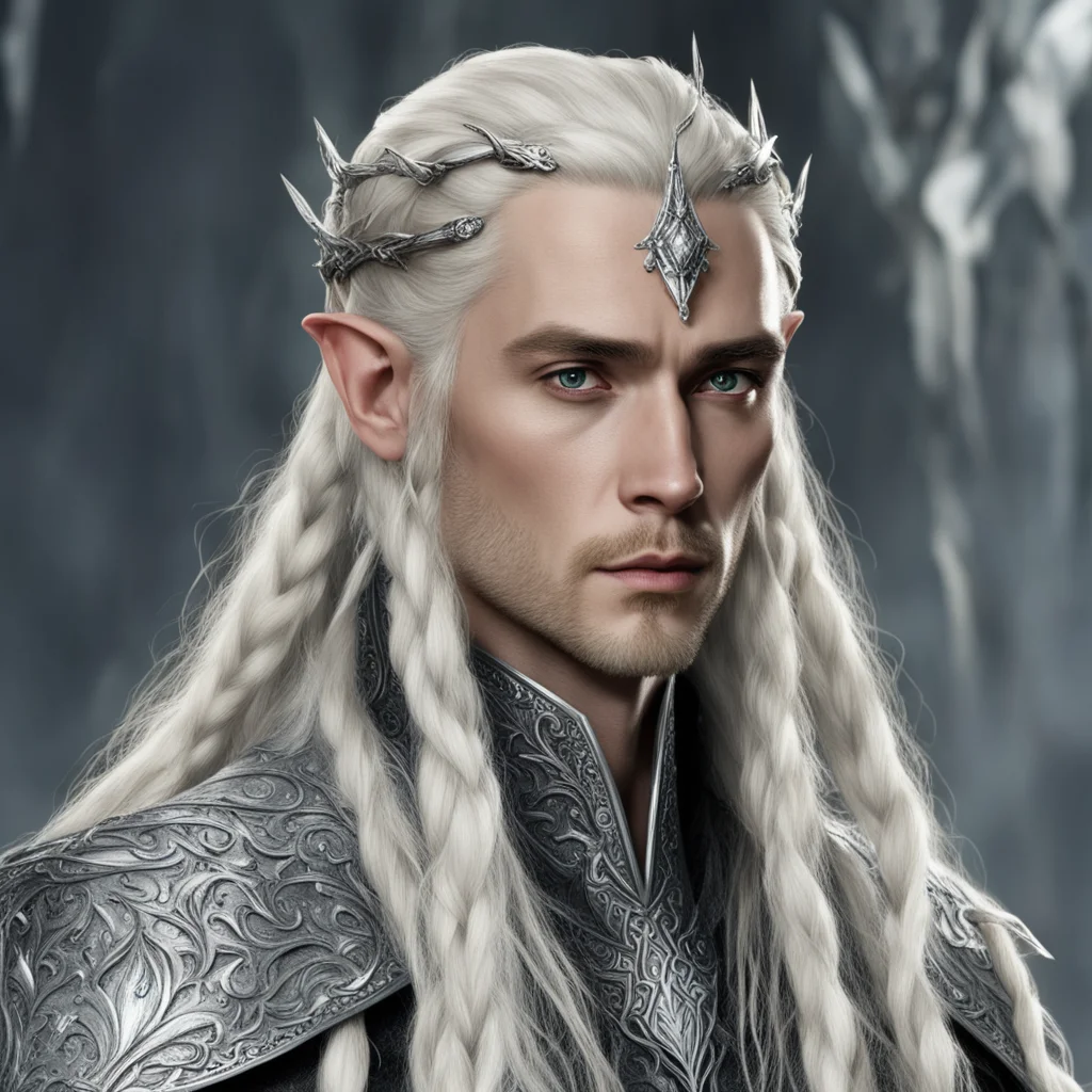 king thranduil with blond hair and braids wearing silver nandorin elvish coroner encrusted with diamonds with large center diamond amazing awesome portrait 2