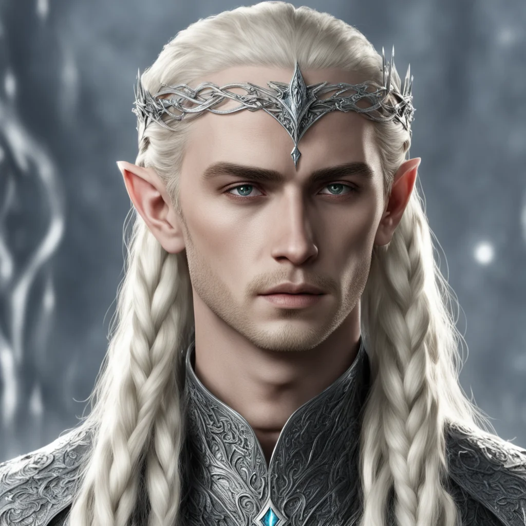 king thranduil with blond hair and braids wearing silver nandorin elvish coroner encrusted with diamonds with large center diamond good looking trending fantastic 1